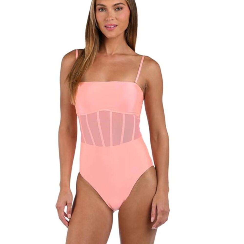 Coral Pink One-Piece Swim Suit with Sheer Waist Panel